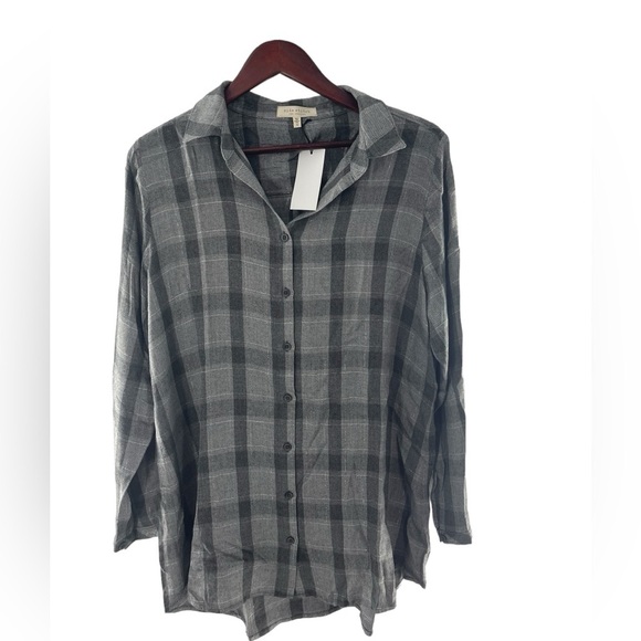 NWT Side Stitch Grey Plaid Button Down Long Sleeve Top M - Picture 1 of 3